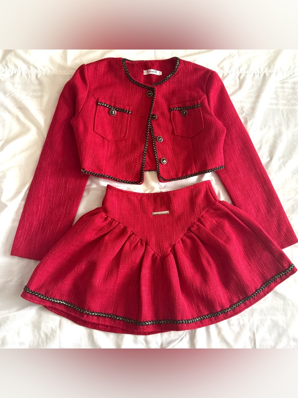 Red tweed skirt set